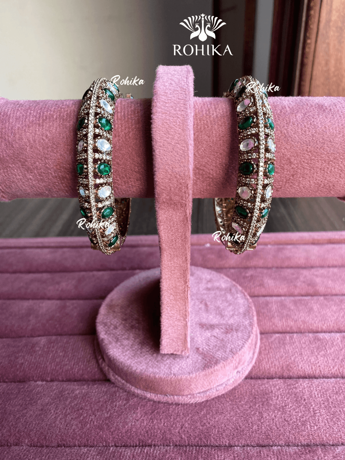 Pushp moisinite kundan kada/bangles - Green - Rohika Store