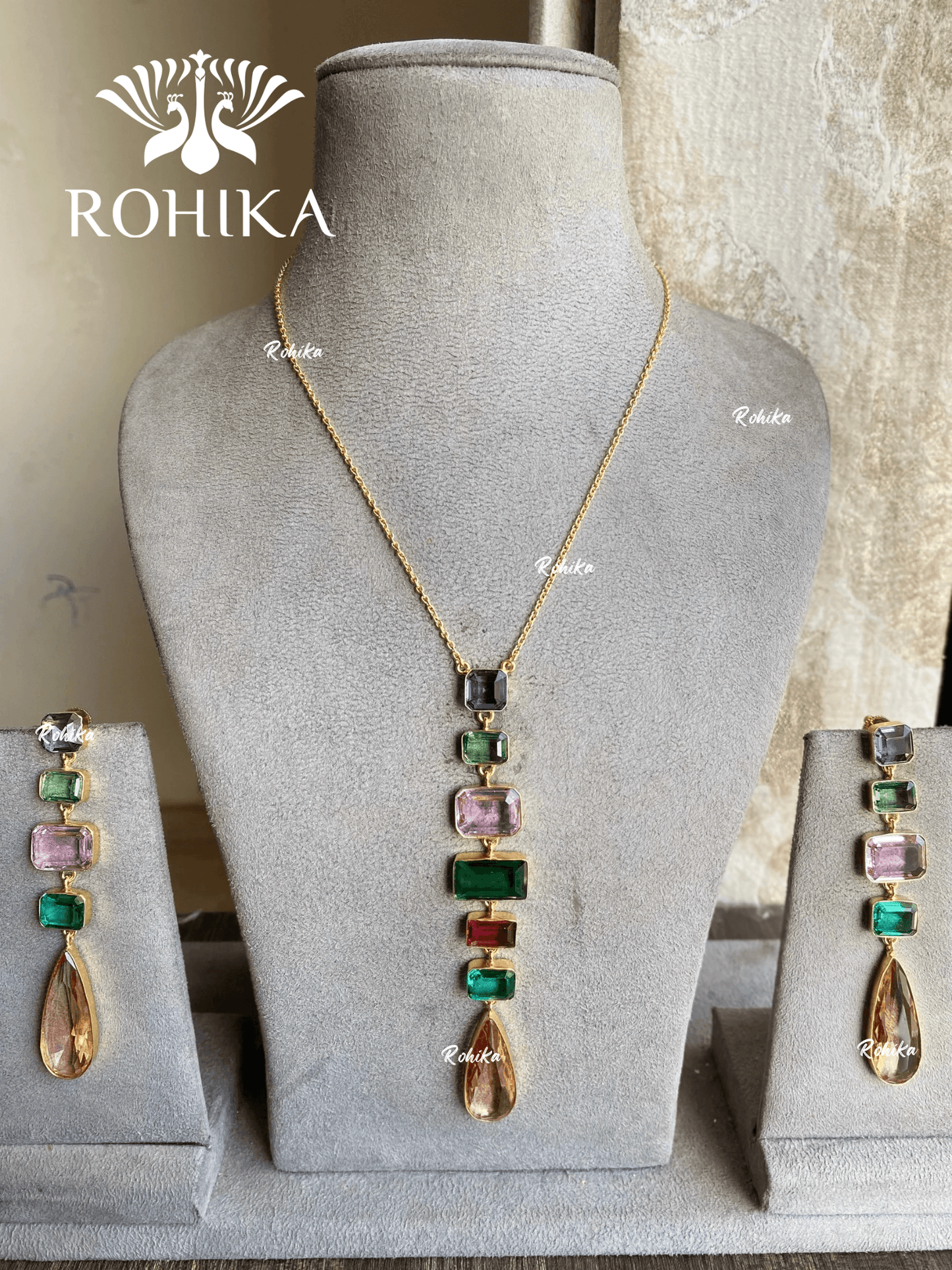 Rangras designer necklace set - Peach & multi colour - Rohika Store