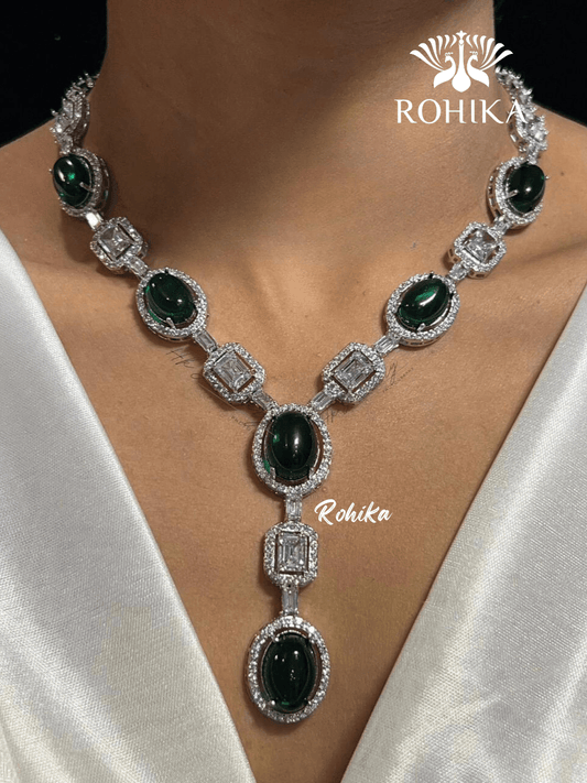 Monica american diamond necklace set - Green - Rohika Store