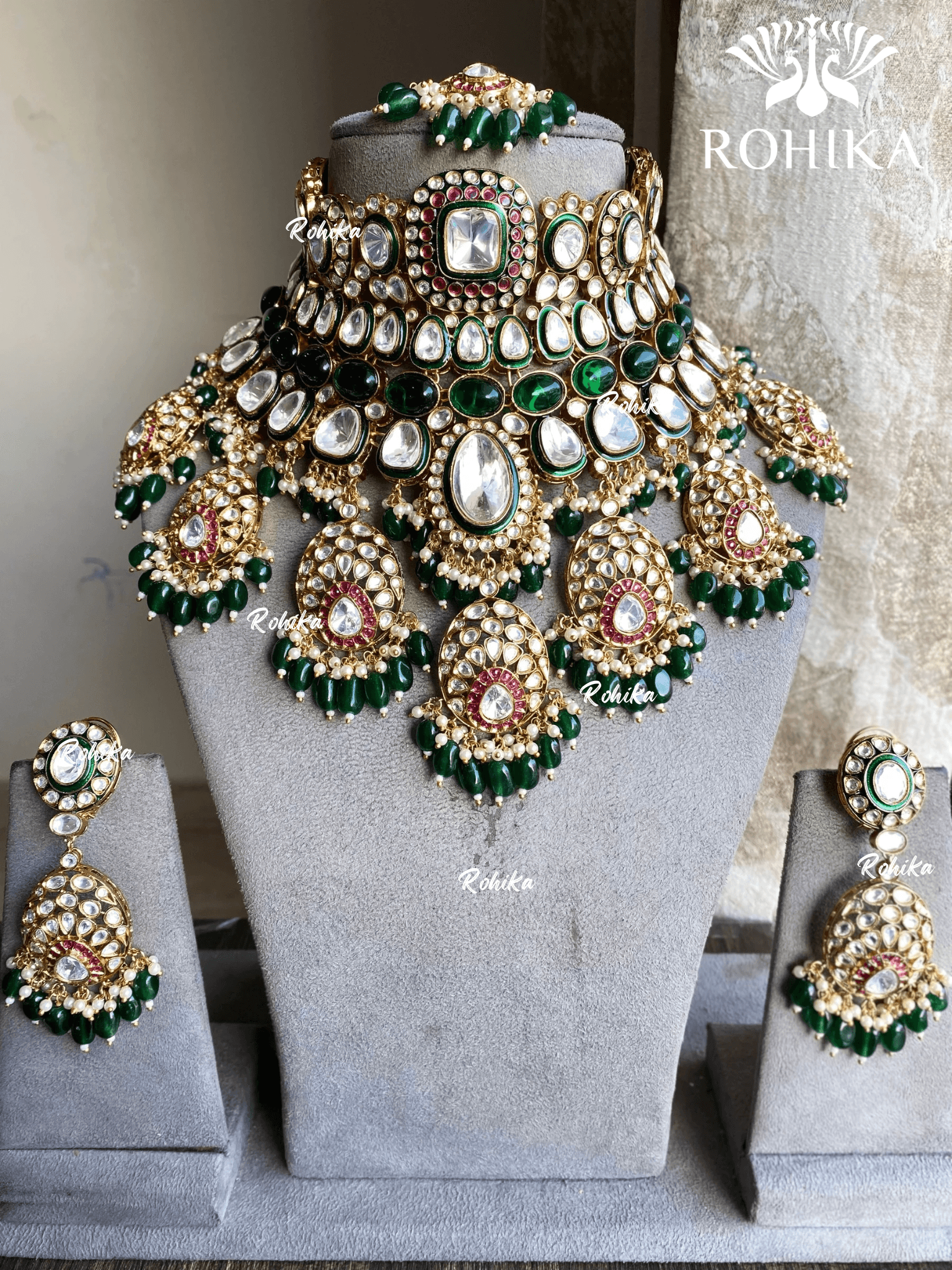 Paridhi bikaneri kundan bridal necklace set Dark green – Rohika