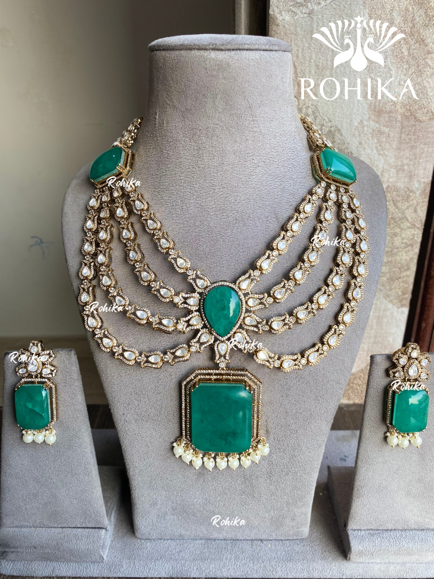 Saanjh Polki Kundan long necklace set - Green
