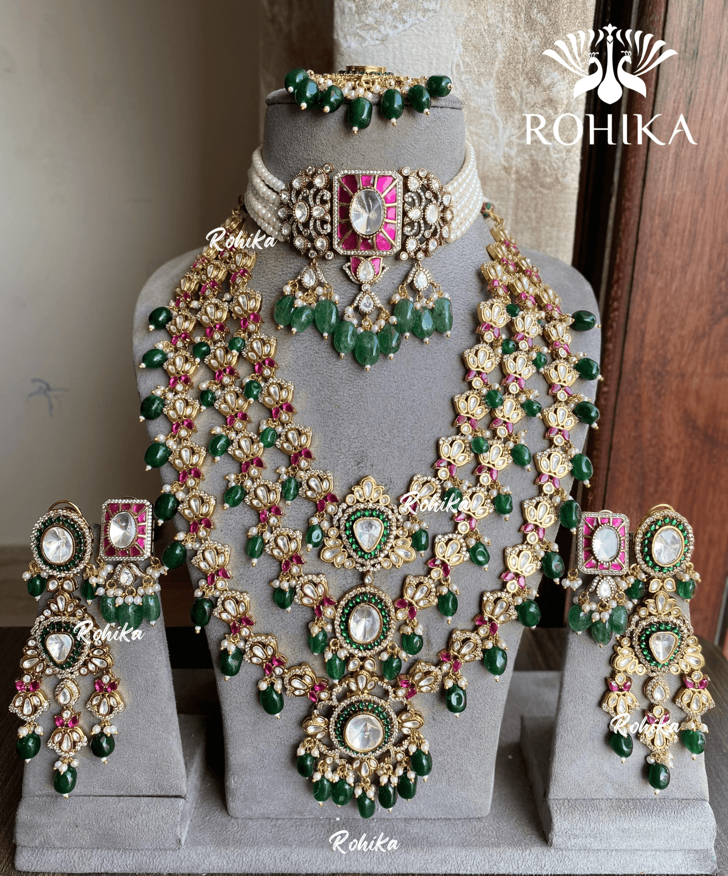 Prerna polki kundan bridal combo set - Green and Pink - Rohika Store