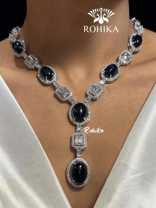 Monica american diamond necklace set - Blue - Rohika Store