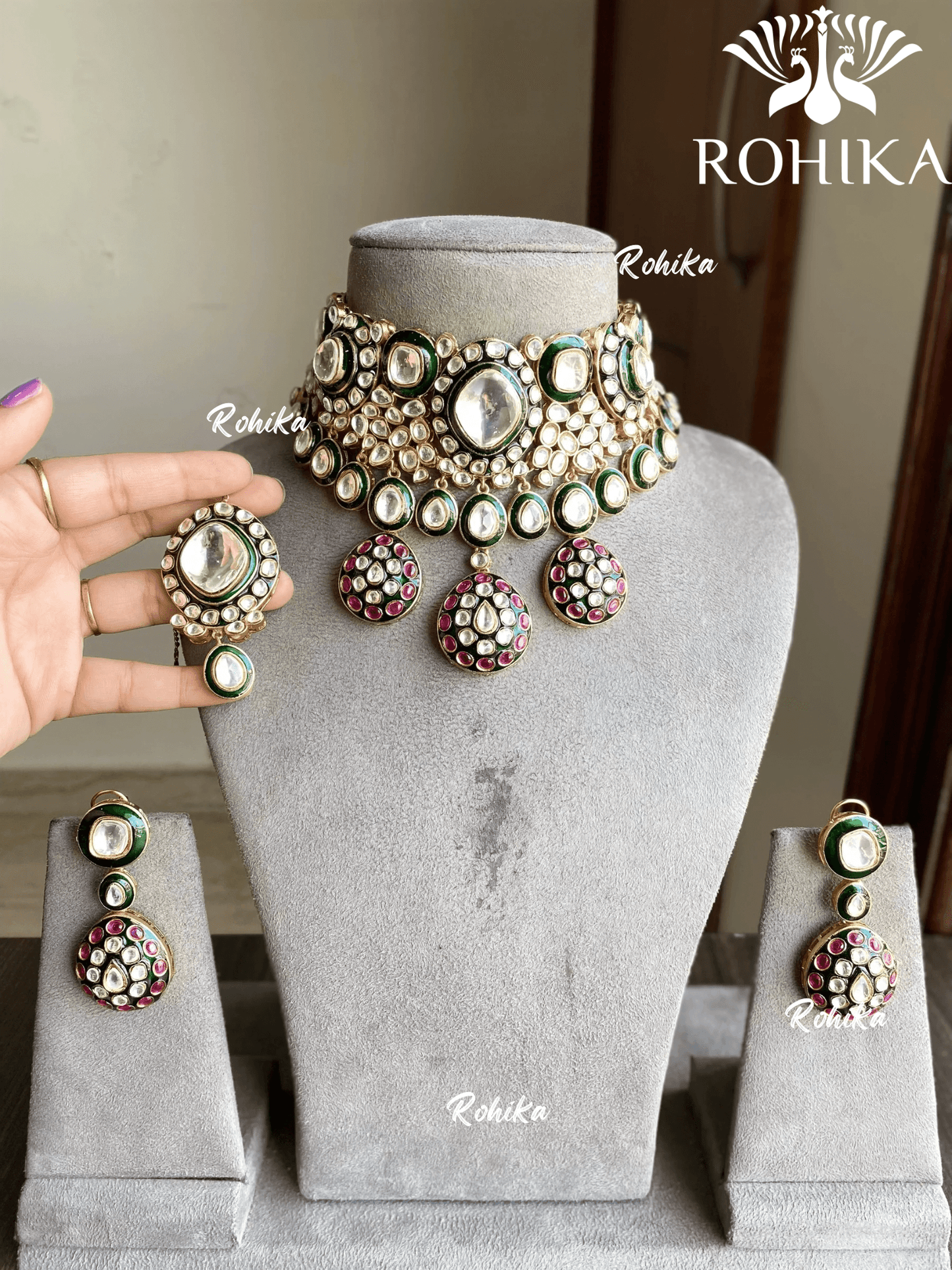 Kaya kundan necklace set - Green - Rohika Store