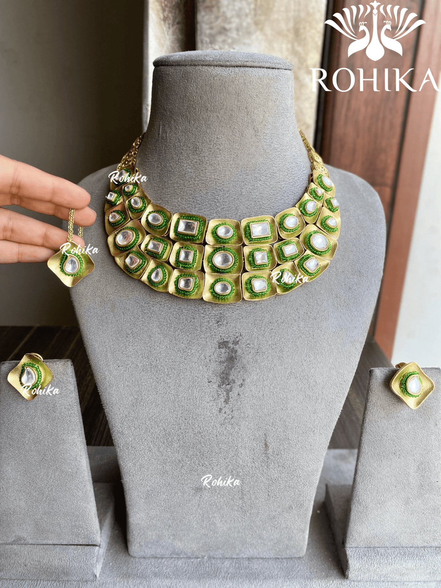 Vatsa polki kundan designer necklace set - Green - Rohika Store