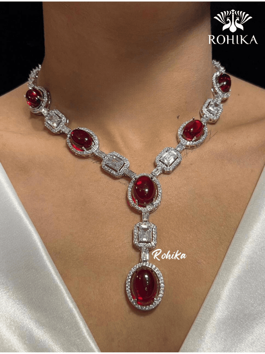 Monica american diamond necklace set - Red - Rohika Store