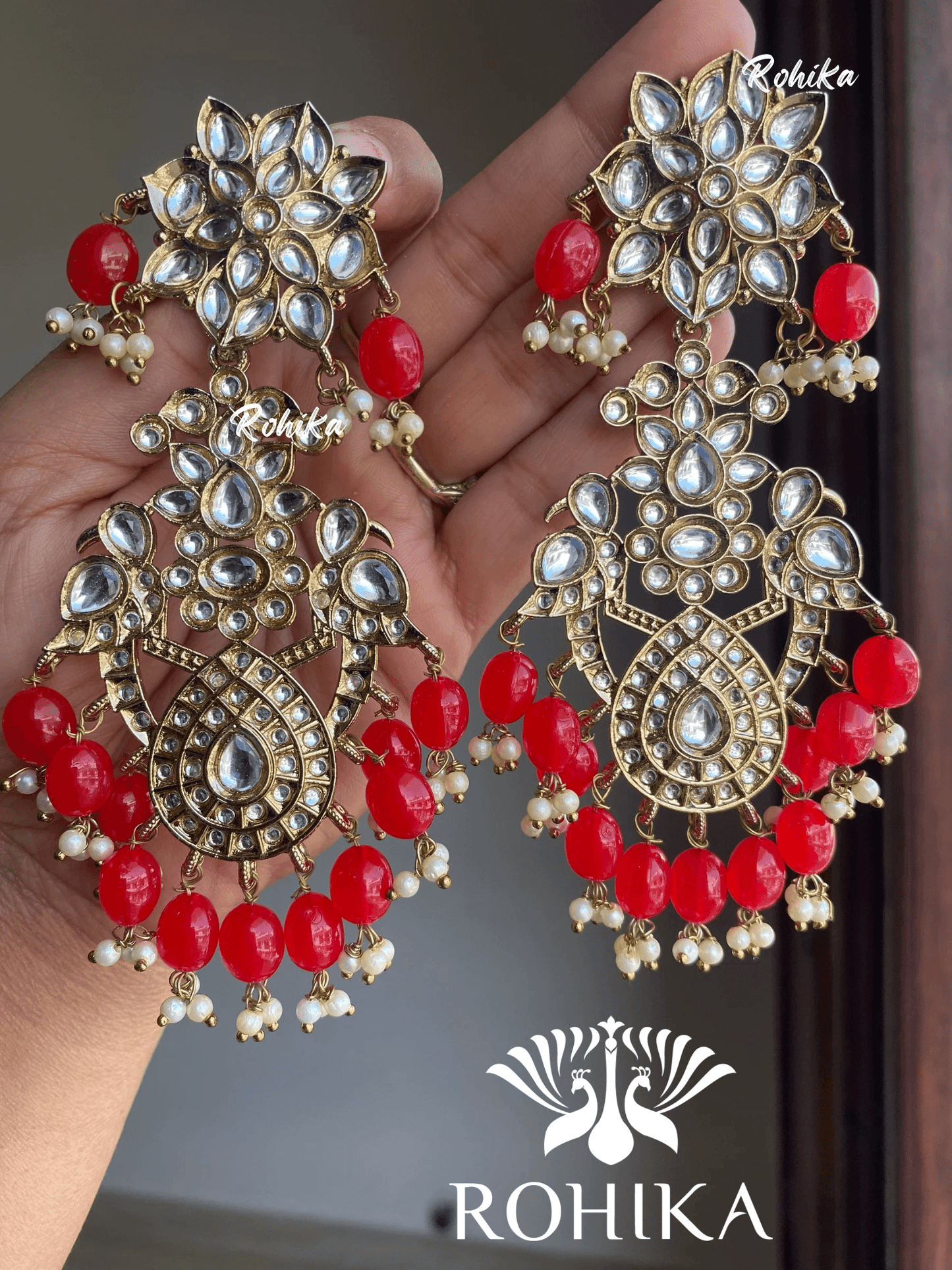 Anupama kundan earrings -Red - Rohika Store