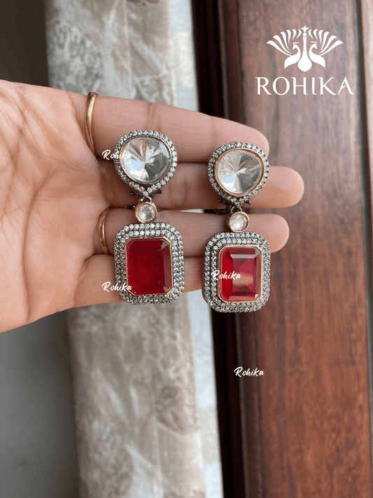 Polki kundan designer earrings (M-008) - Red - Rohika Store