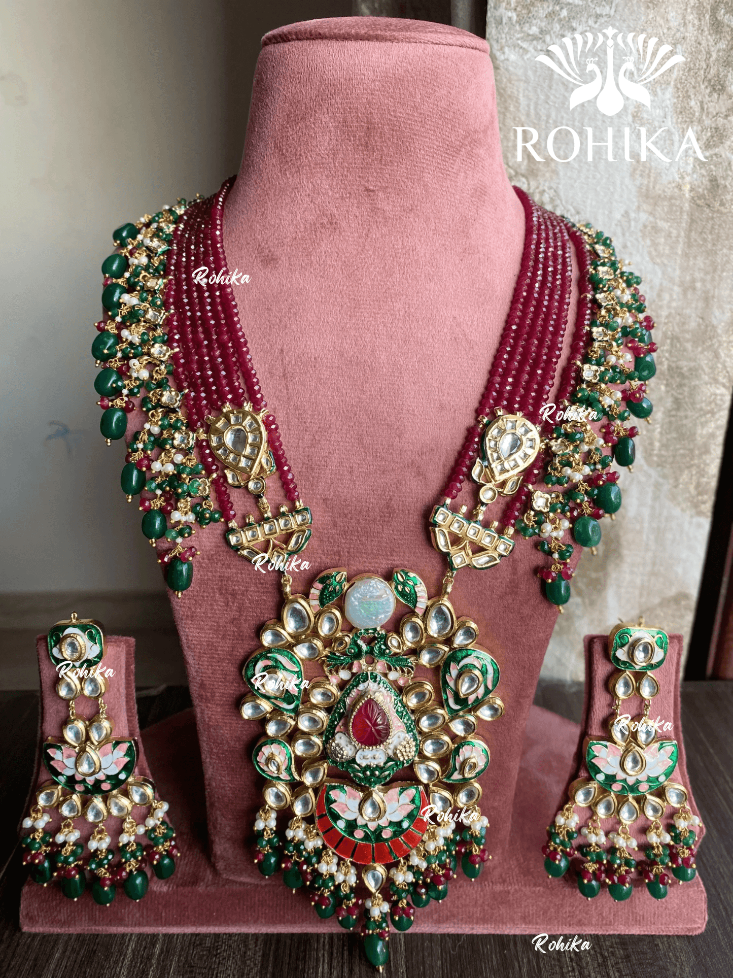Divya meenakari kundan long necklace set - Maroon & dark green - Rohika Store