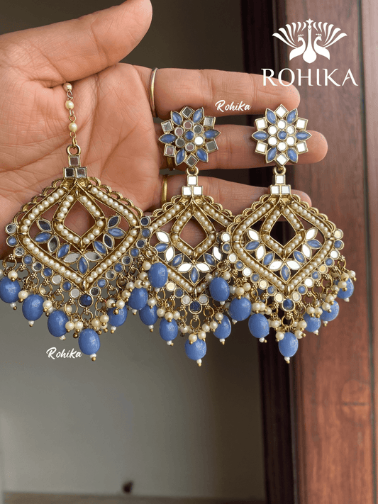 Priyam mirror earrings tikka combo - Navy Blue - Rohika Store