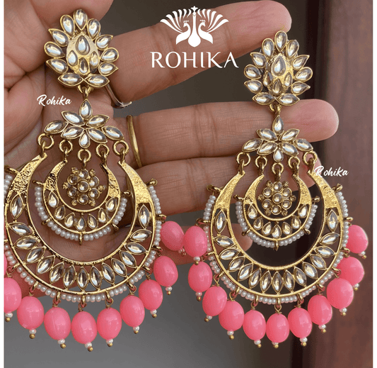 Damini kundan earrings - Pink - Rohika Store