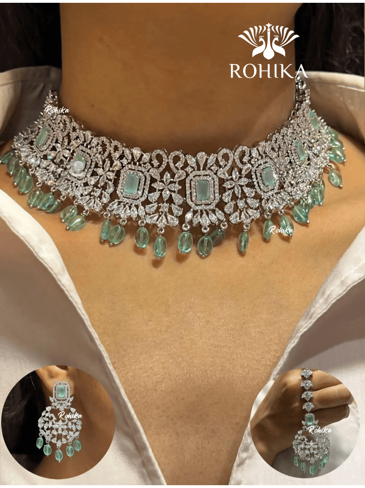 Ella american diamond choker set - Mint green - Rohika Store