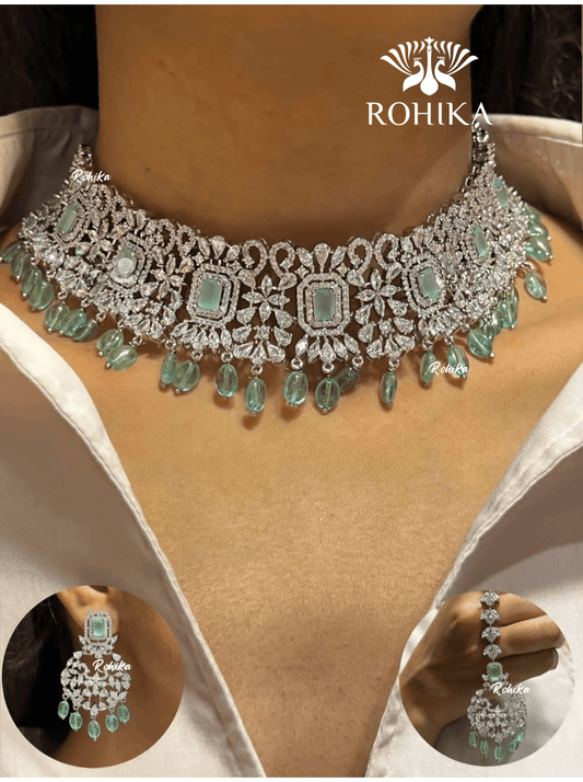 Ella american diamond choker set - Mint green - Rohika Store