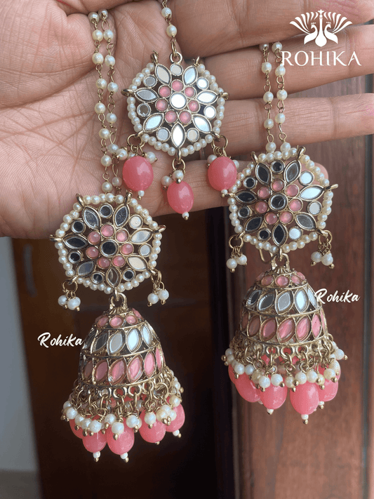 Chamki mirror jhumka earrings tikka combo - Pink - Rohika Store
