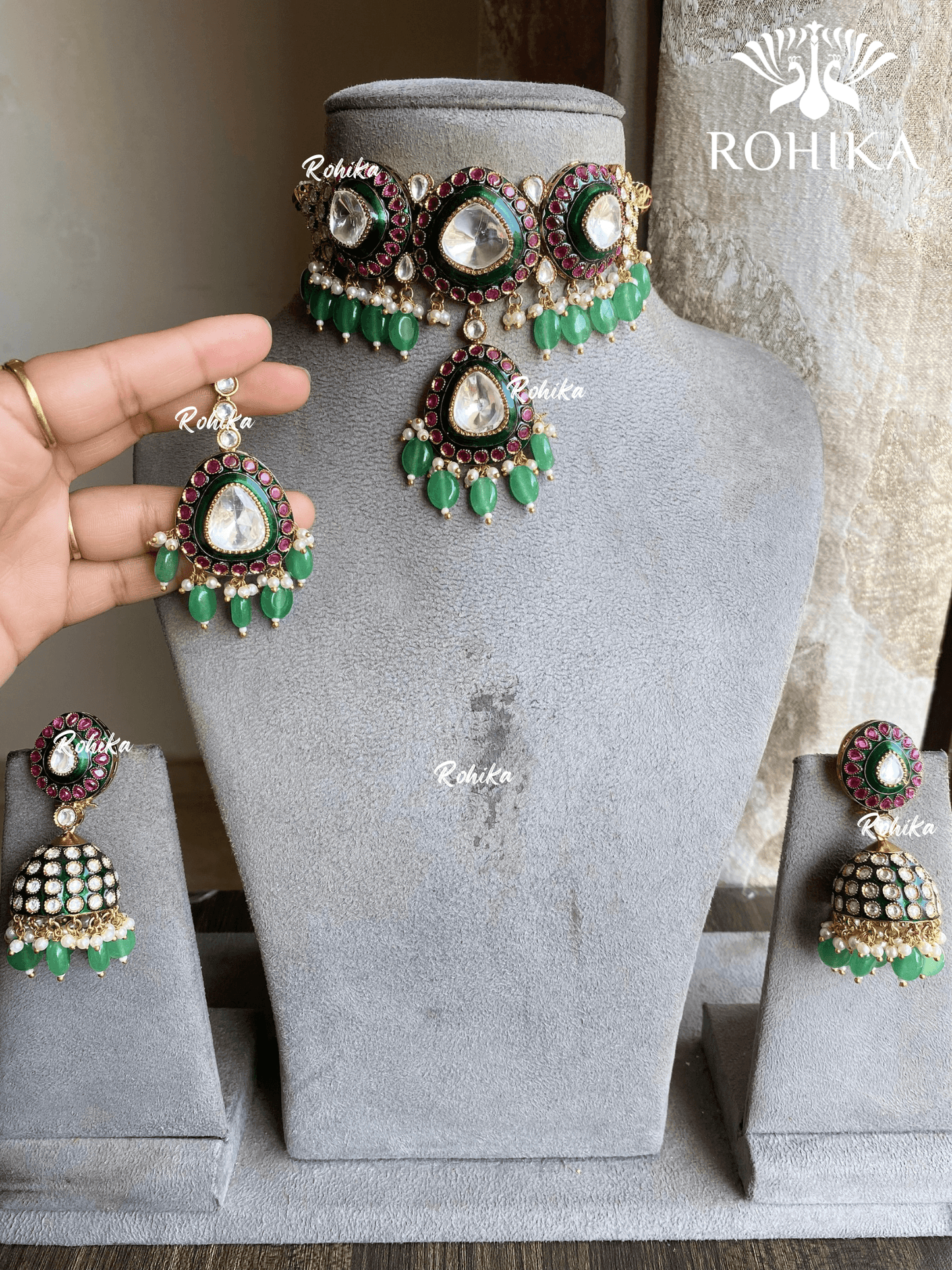 Kajal bikaneri kundan choker set - Green - Rohika Store