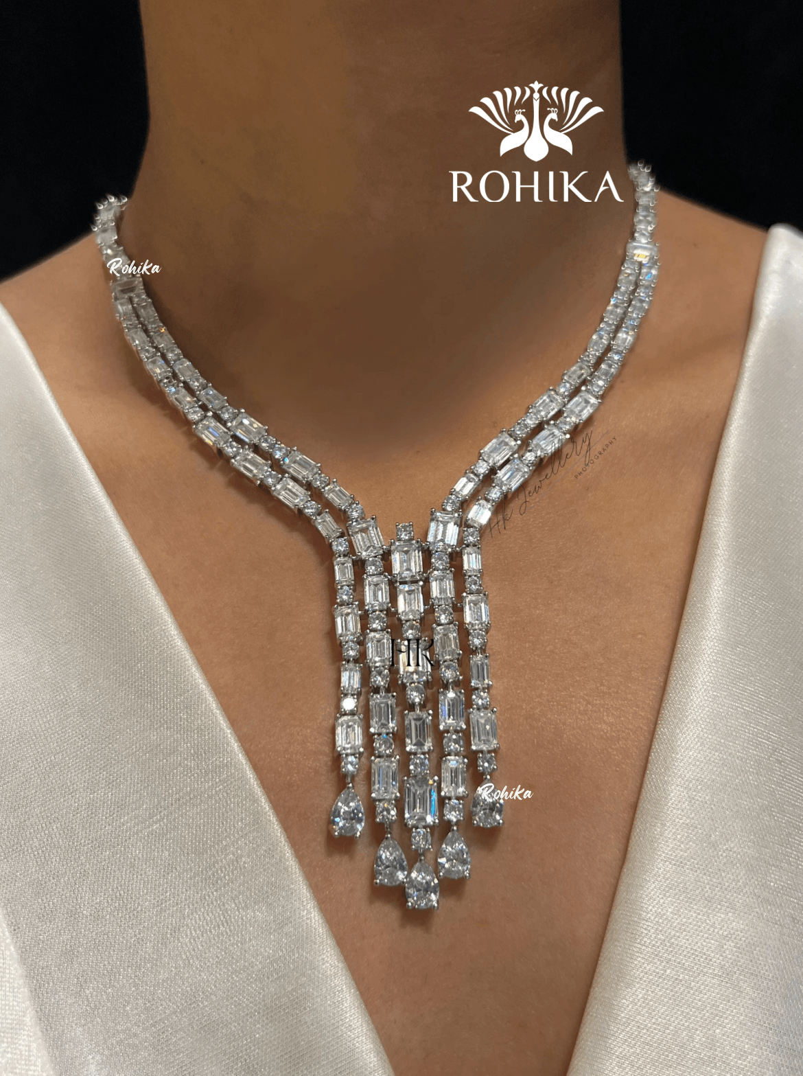 Daisy american diamond necklace set - White - Rohika Store