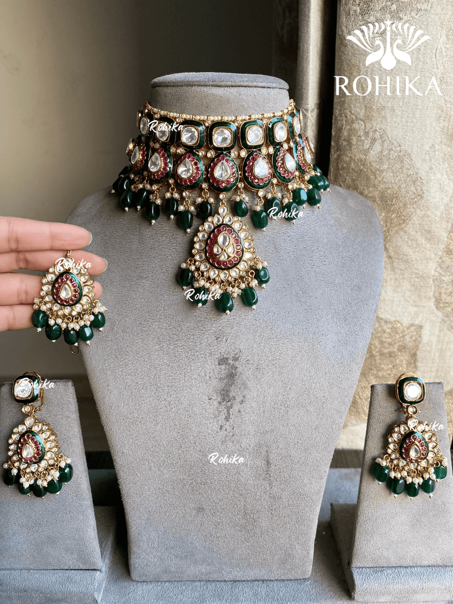 Varsha meenakari polki kundan choker set - Dark Green - Rohika Store