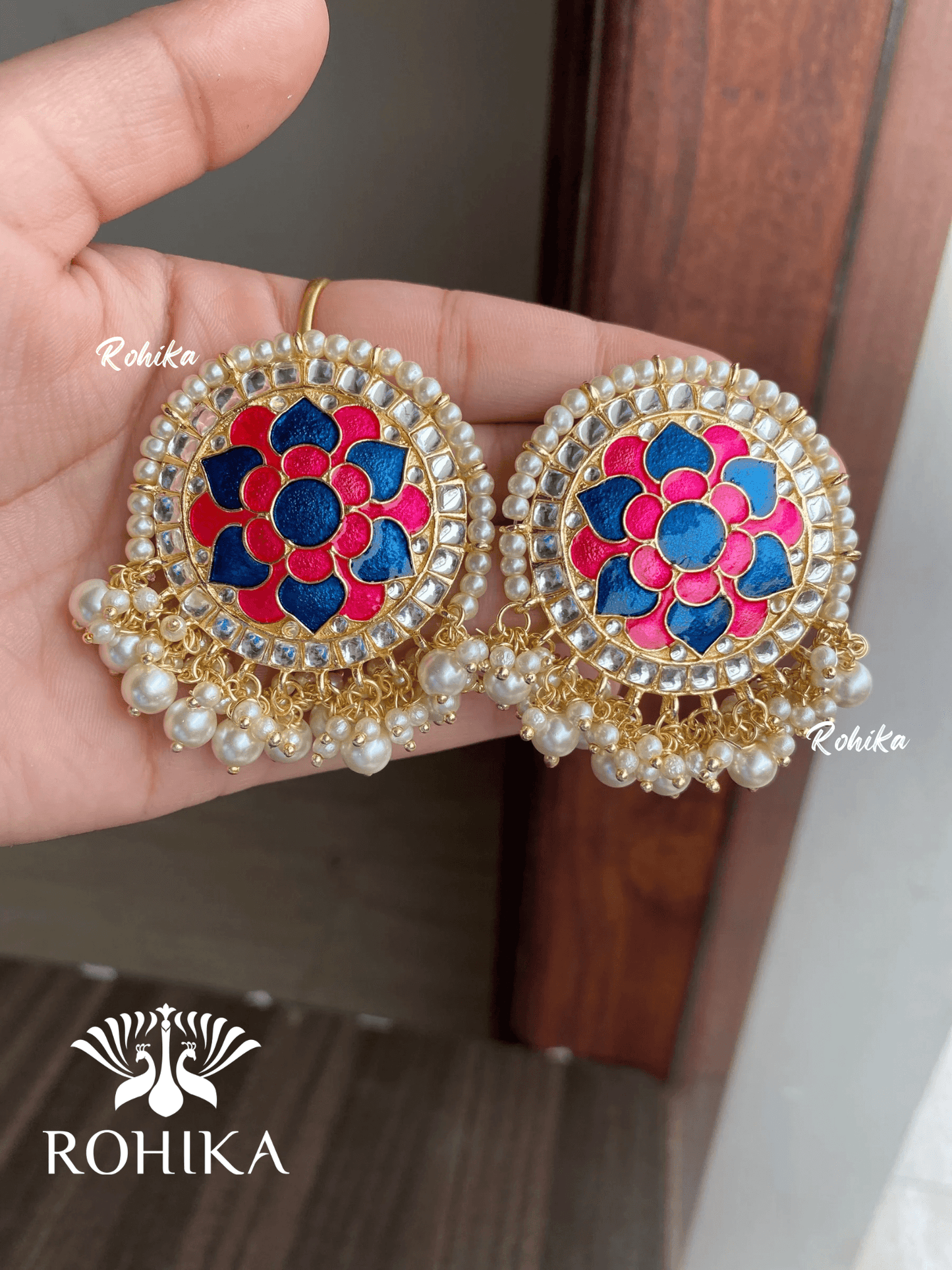 Khushi kundan studs - Pink and navy blue - Rohika Store
