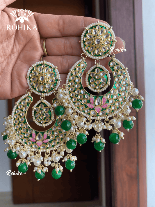 Sudha meenakari chandbali earrings - Dark green - Rohika Store