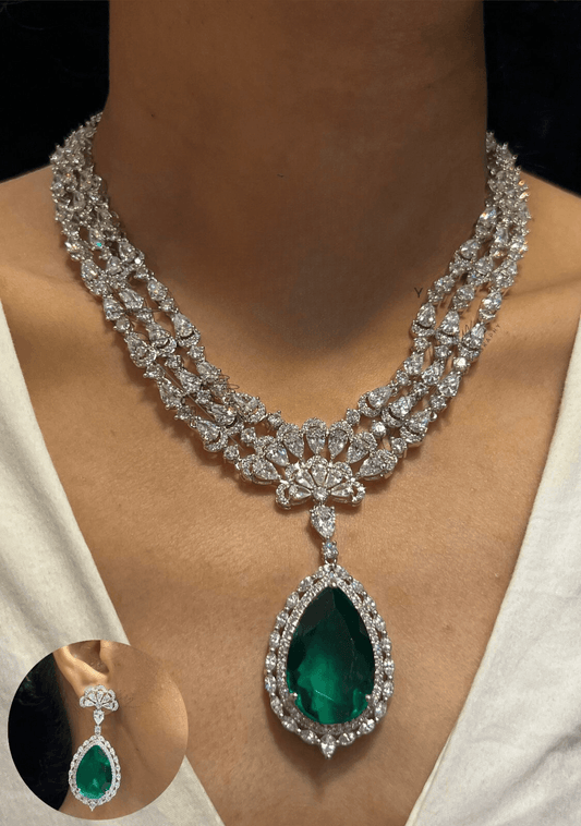 Sifra american diamond necklace set - Dark green - Rohika Store