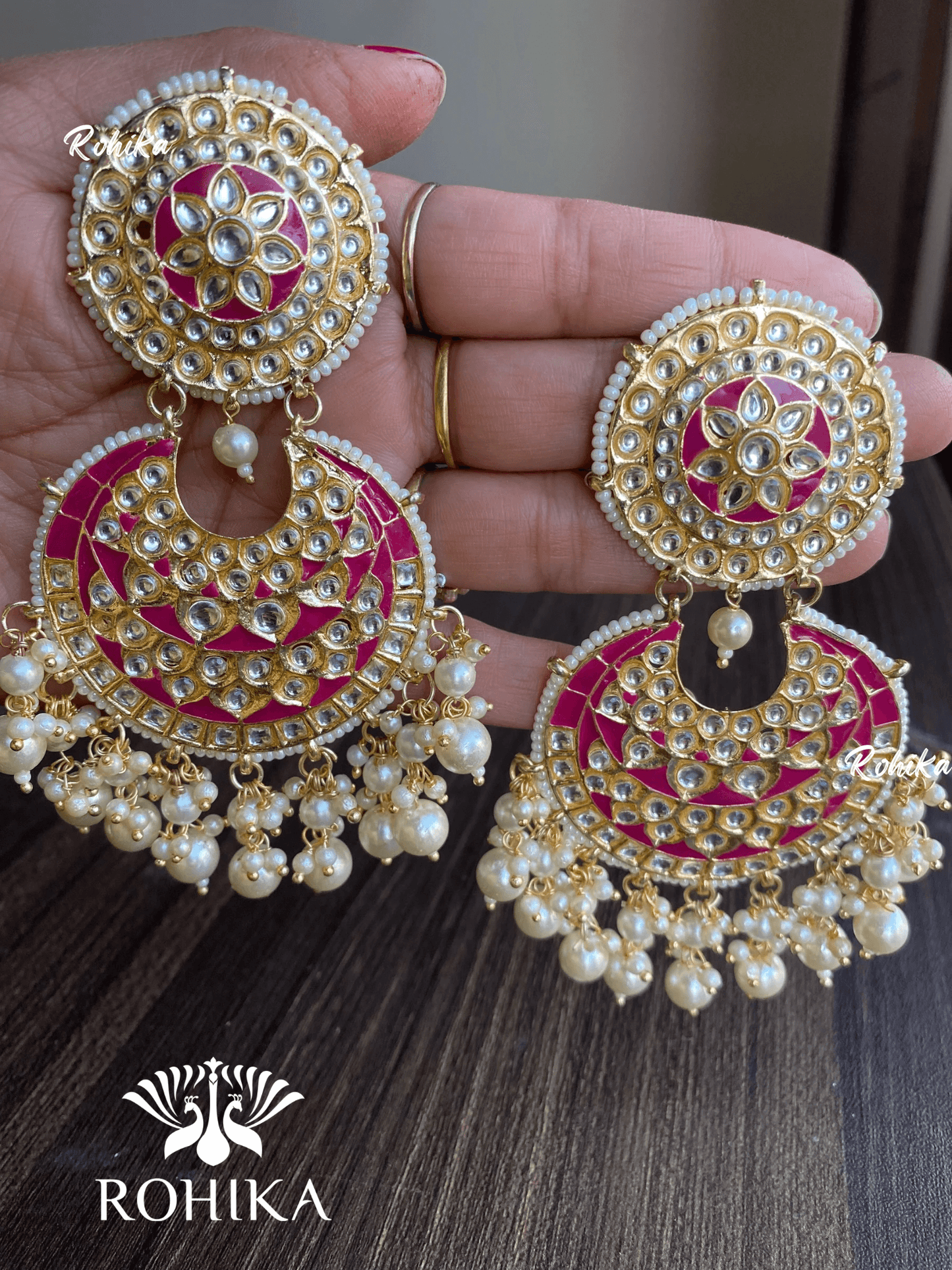 Tisha earrings and maangtikka combo - Dark pink - Rohika Store