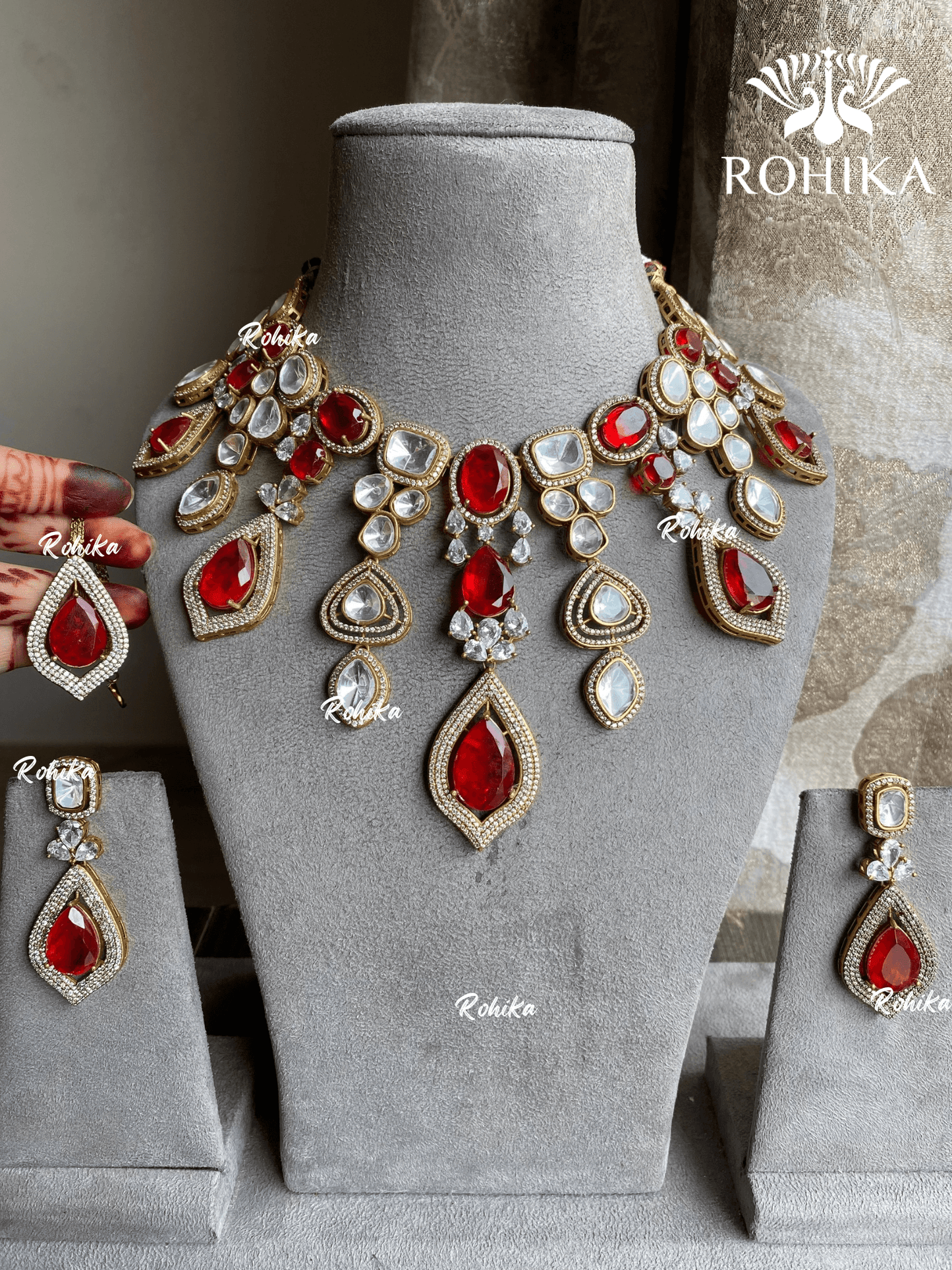 Sahas doublet kundan necklace set - Red - Rohika Store