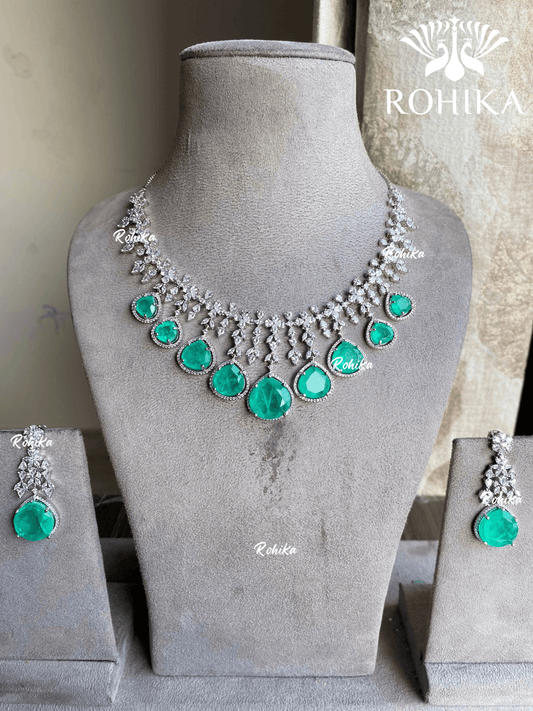 Nish American diamond necklace set - Mint green - Rohika Store