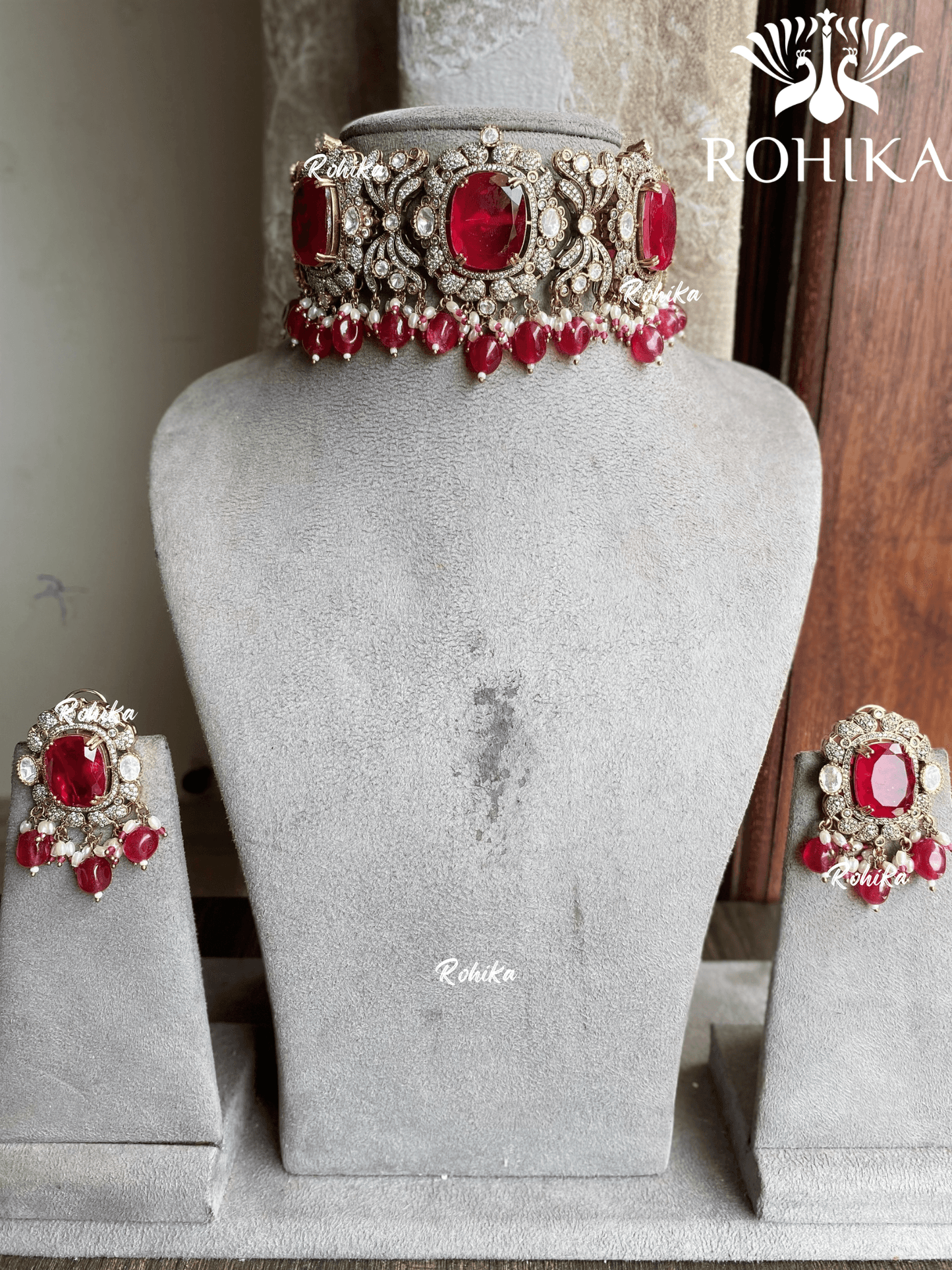 Gahana victorian choker set - Red - Rohika Store