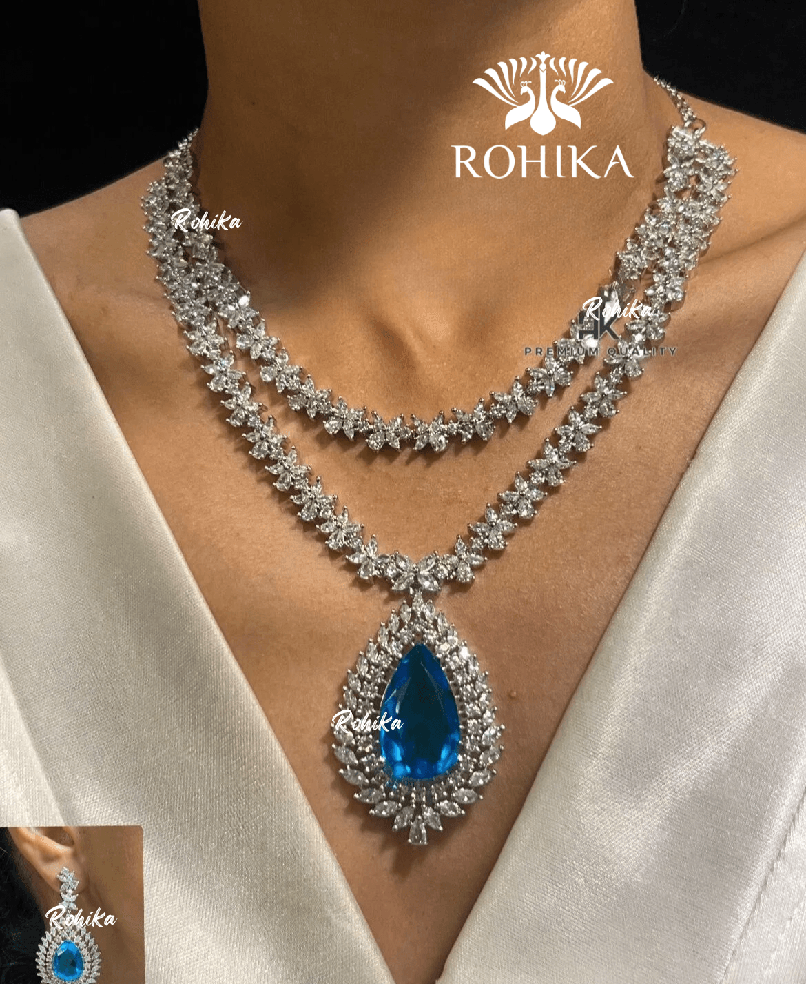 Leona american diamond necklace set - Blue - Rohika Store