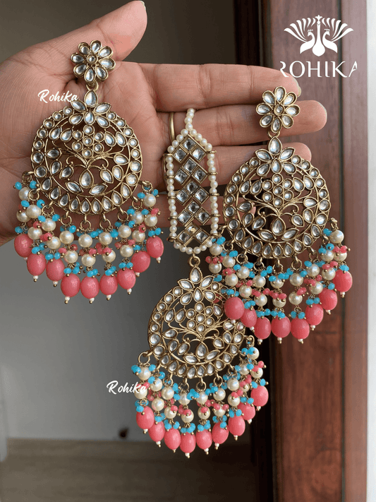 Sapna earrings and maangtikka combo - Pink - Rohika Store