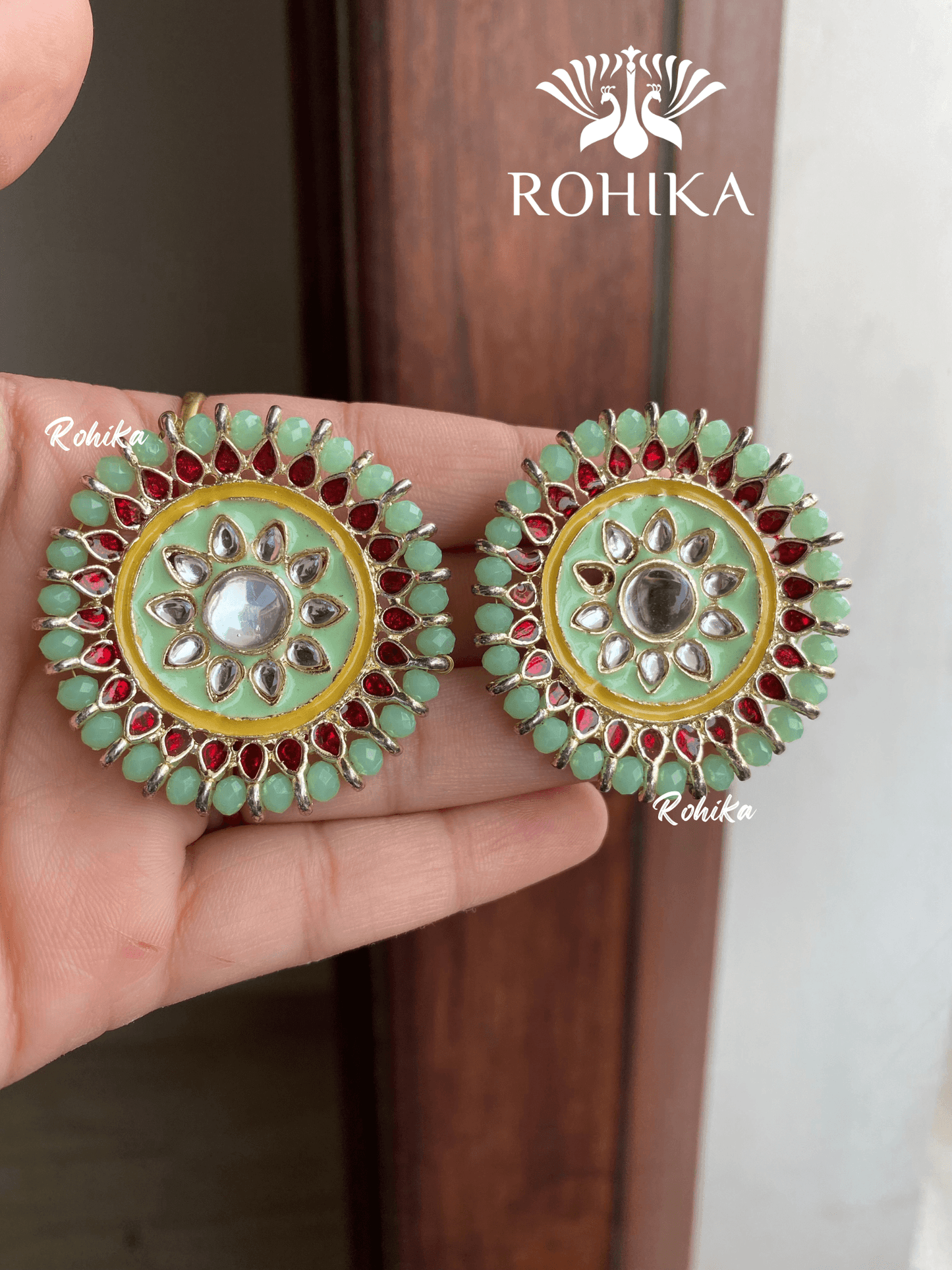 Zooni kundan studs - Mint green - Rohika Store