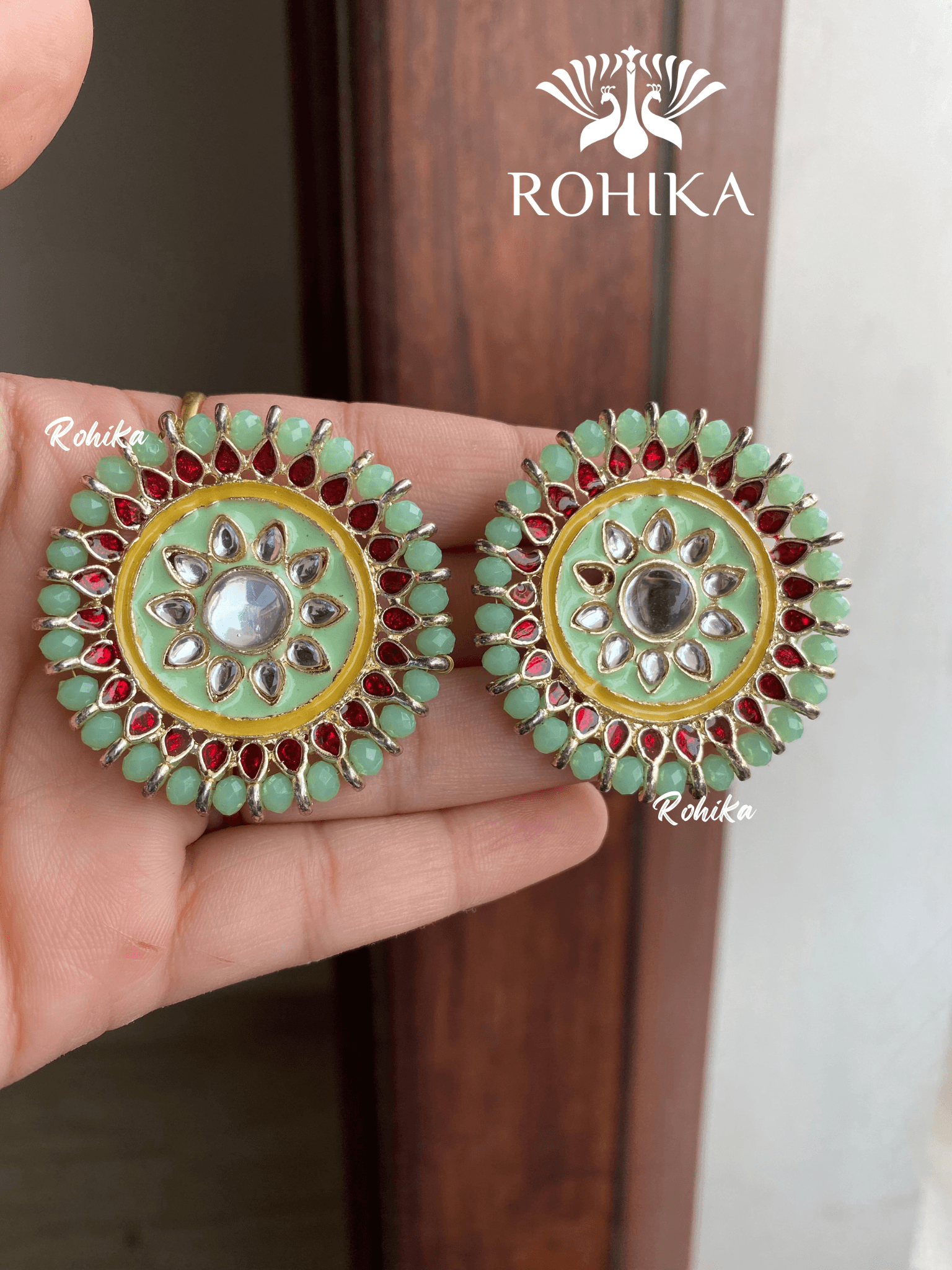 Zooni kundan studs - Mint green - Rohika Store