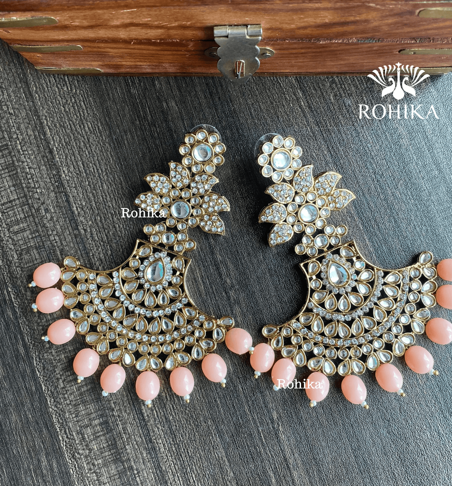 Sparkle chandbali earrings - Peach - Rohika Store