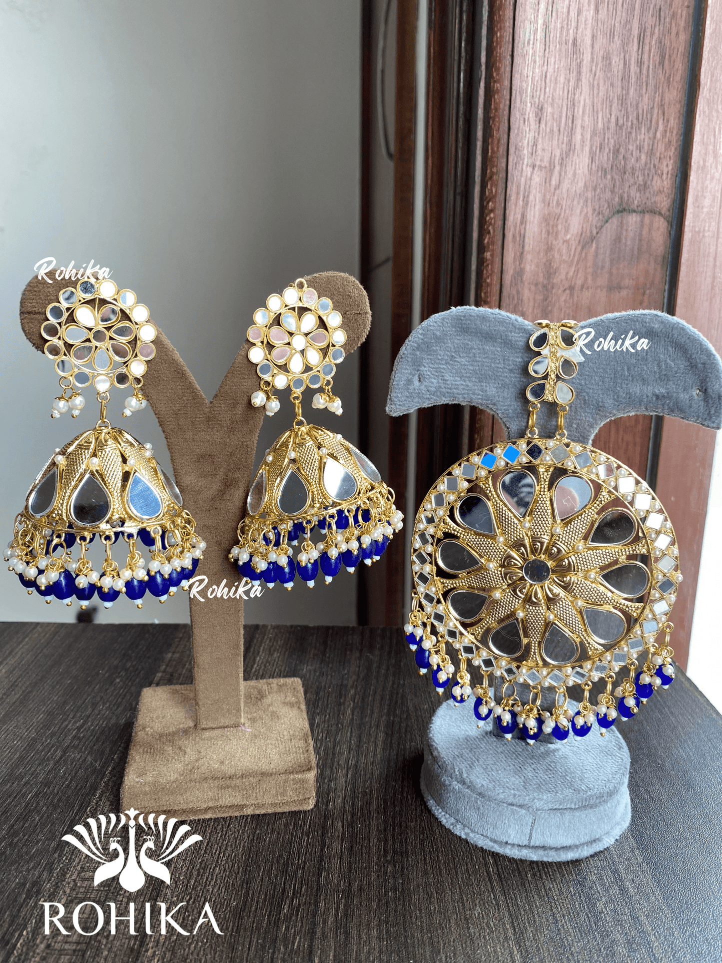 XXL mirror maangtikka with earrings - Dark Blue - Rohika Store