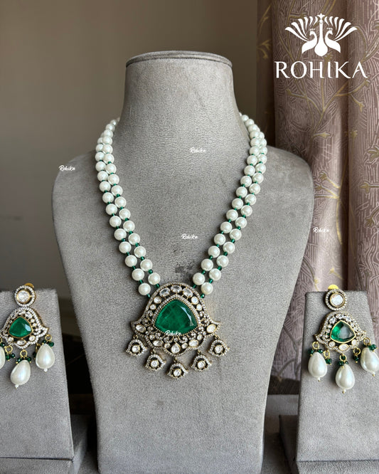 Adhrit Polki Kundan Doublet Long Necklace Set - Dark green