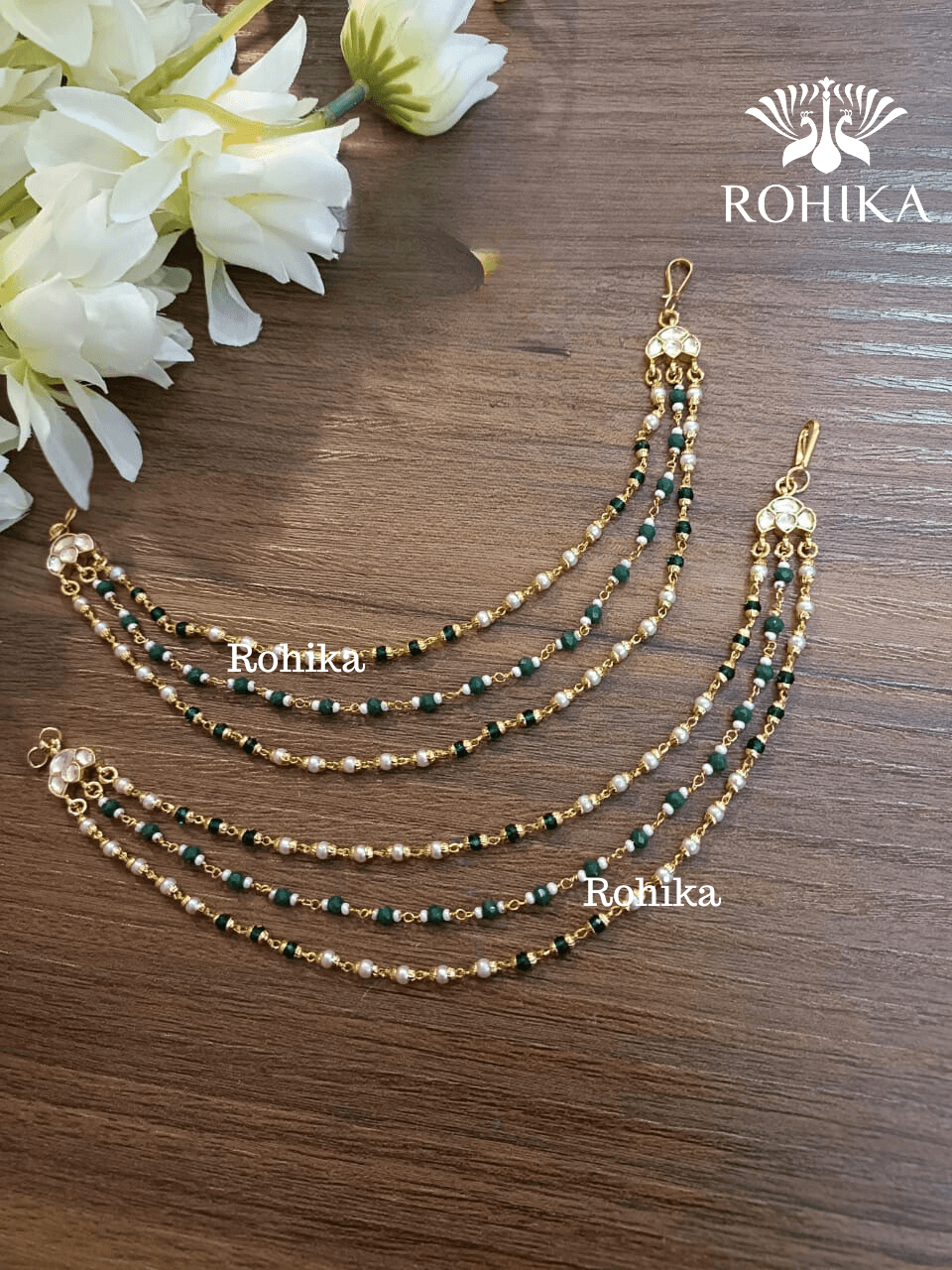 Pachhi kundan earchains - Green - Rohika Store