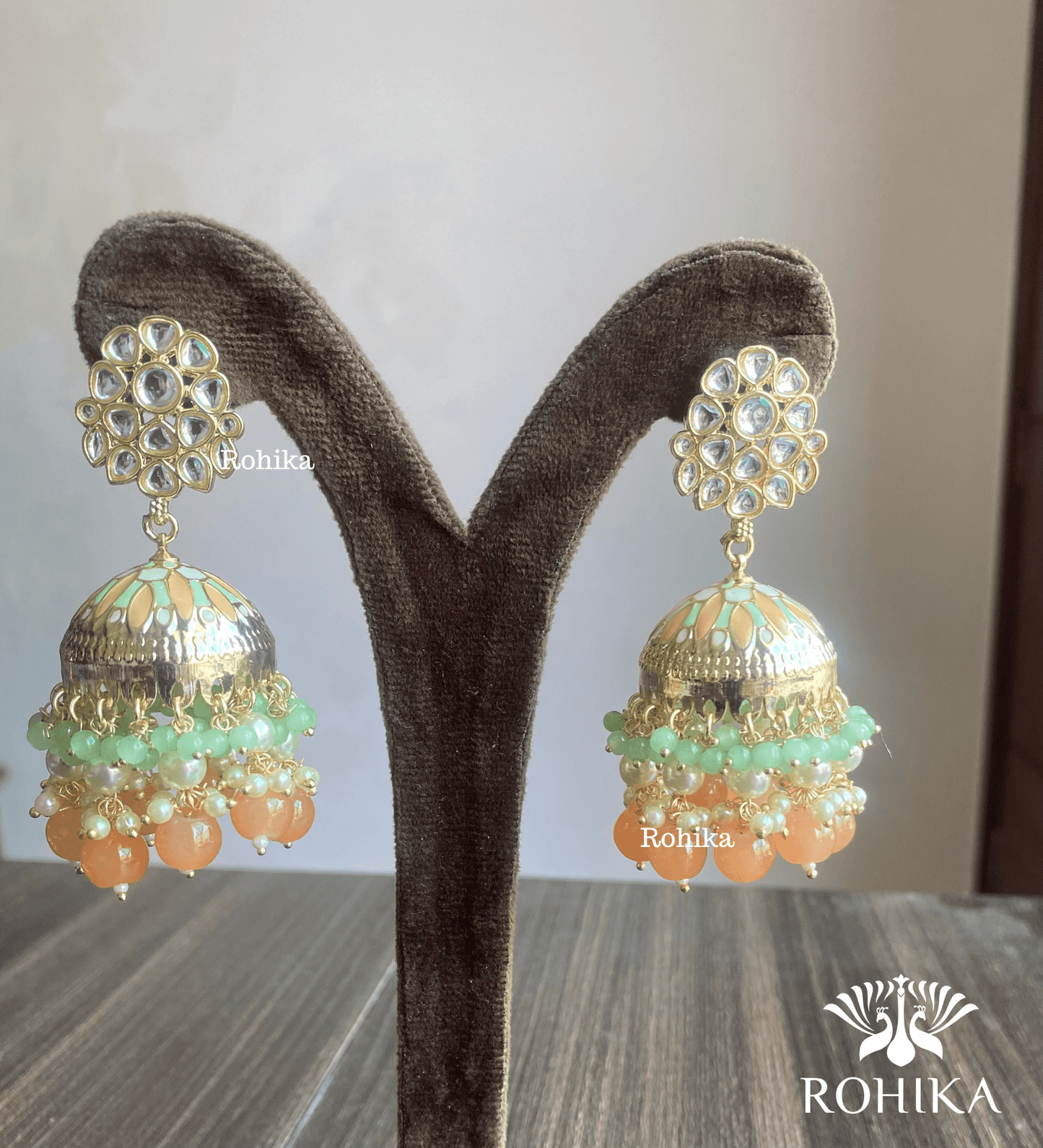 Rashmita jhumka earrings - Orange and mint - Rohika Store