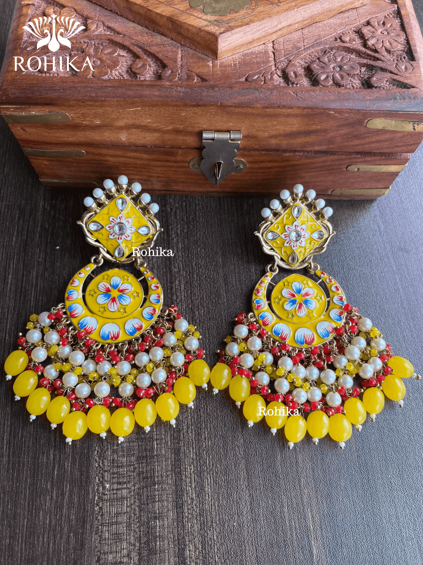 Rashmi meenakari earrings - Yellow - Rohika Store