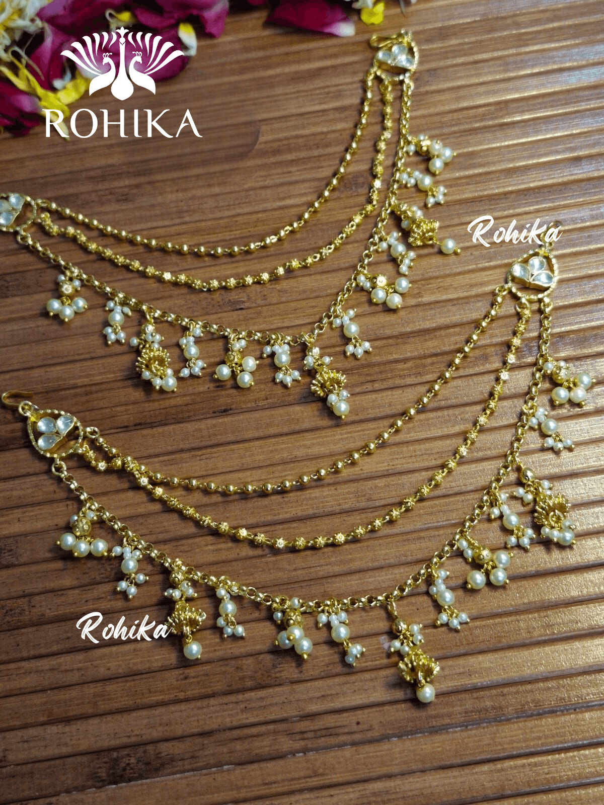 Pachhi kundan earchains - White - Rohika Store