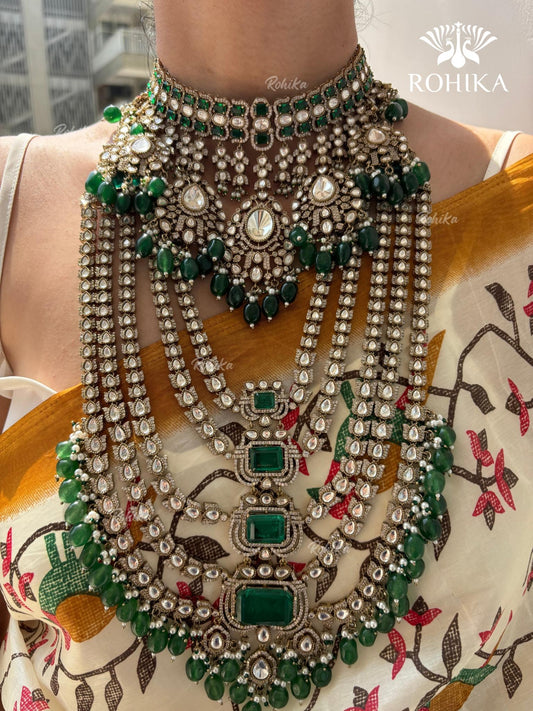 Anvika Polki Kundan Bridal Combo Set - Dark Green