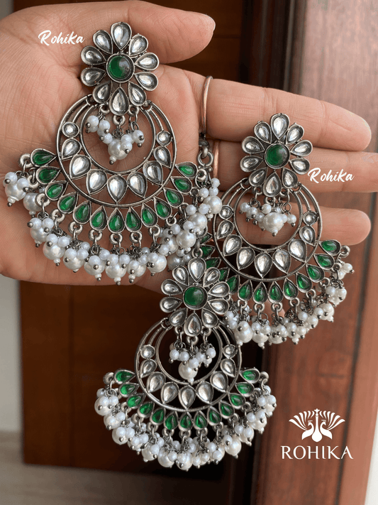 Shanti earrings and tikka combo - Dark Green - Rohika Store