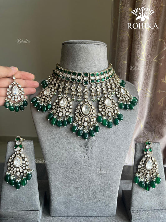 Anokhi Polki Kundan Bridal Necklace Set - Dark green