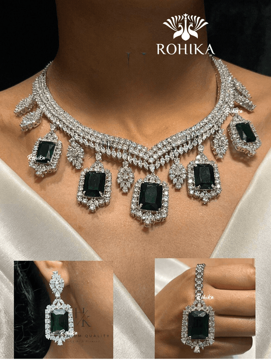 Hallie american diamond necklace set - Dark green - Rohika Store