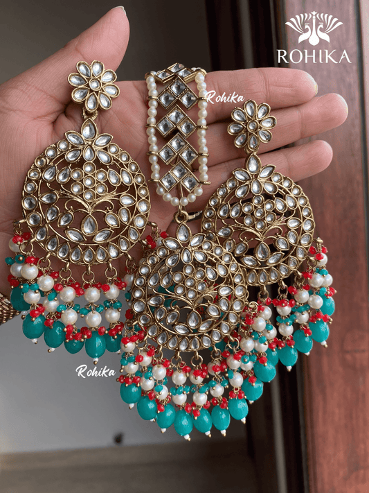 Sapna earrings and maangtikka combo - Dark Green - Rohika Store