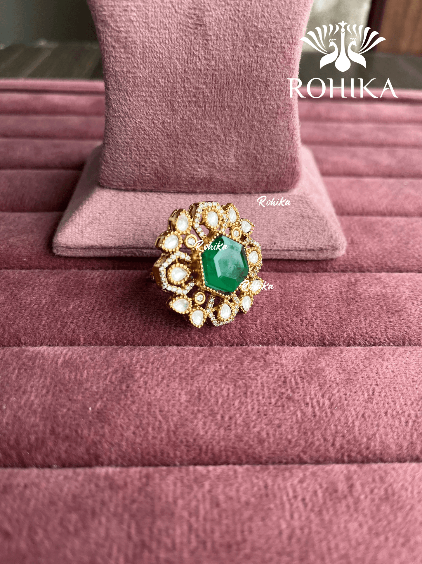 Angana polki kundan ring (SG-096) - Dark green - Rohika Store