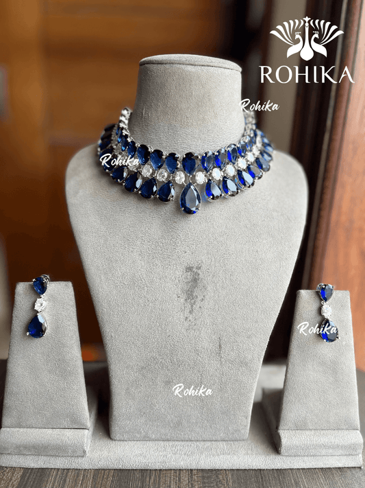 Kiyara American diamond necklace set - Dark blue - Rohika Store