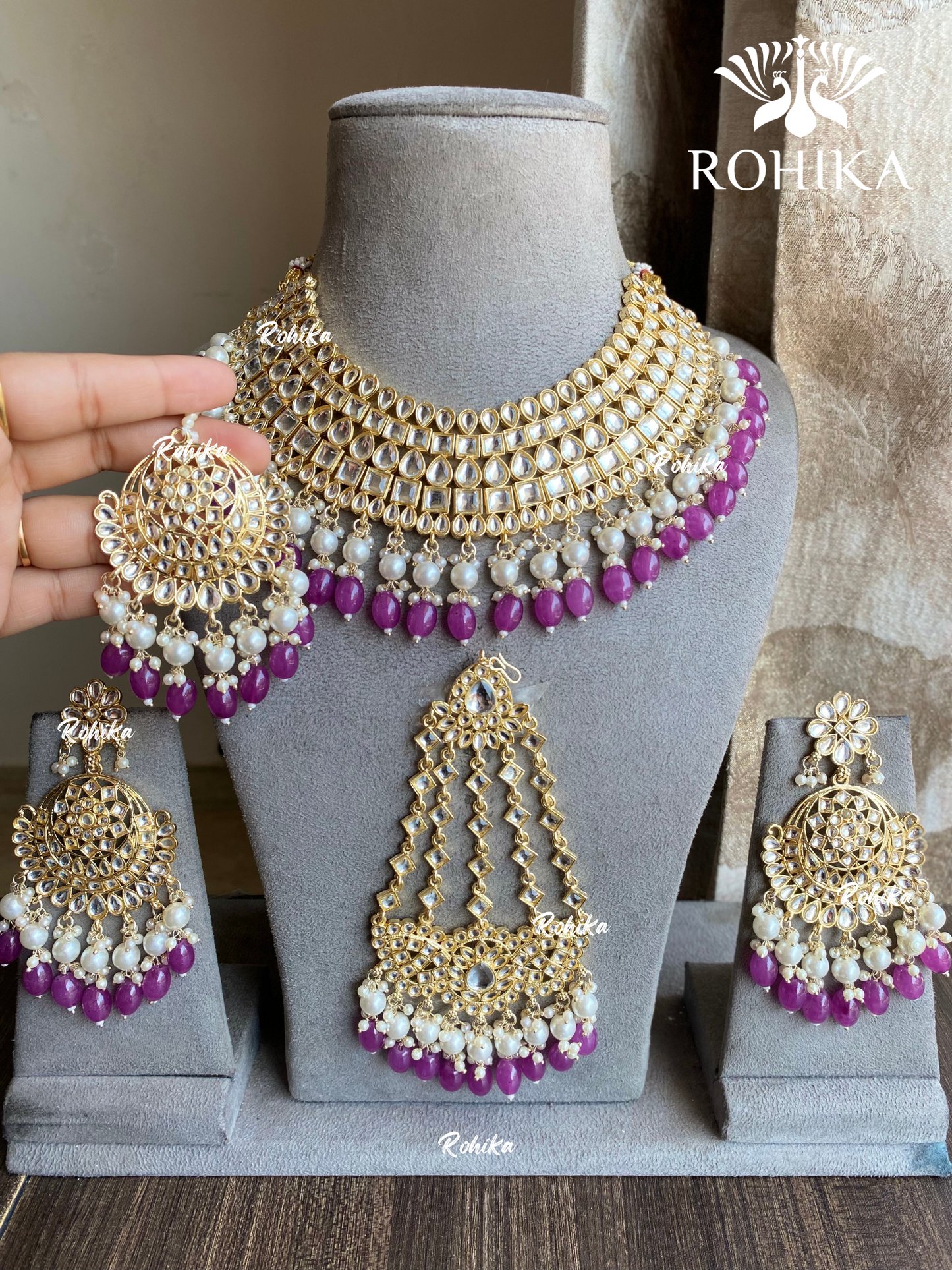 Shehzadi Dabi Kundan semi-bridal necklace set - Purple