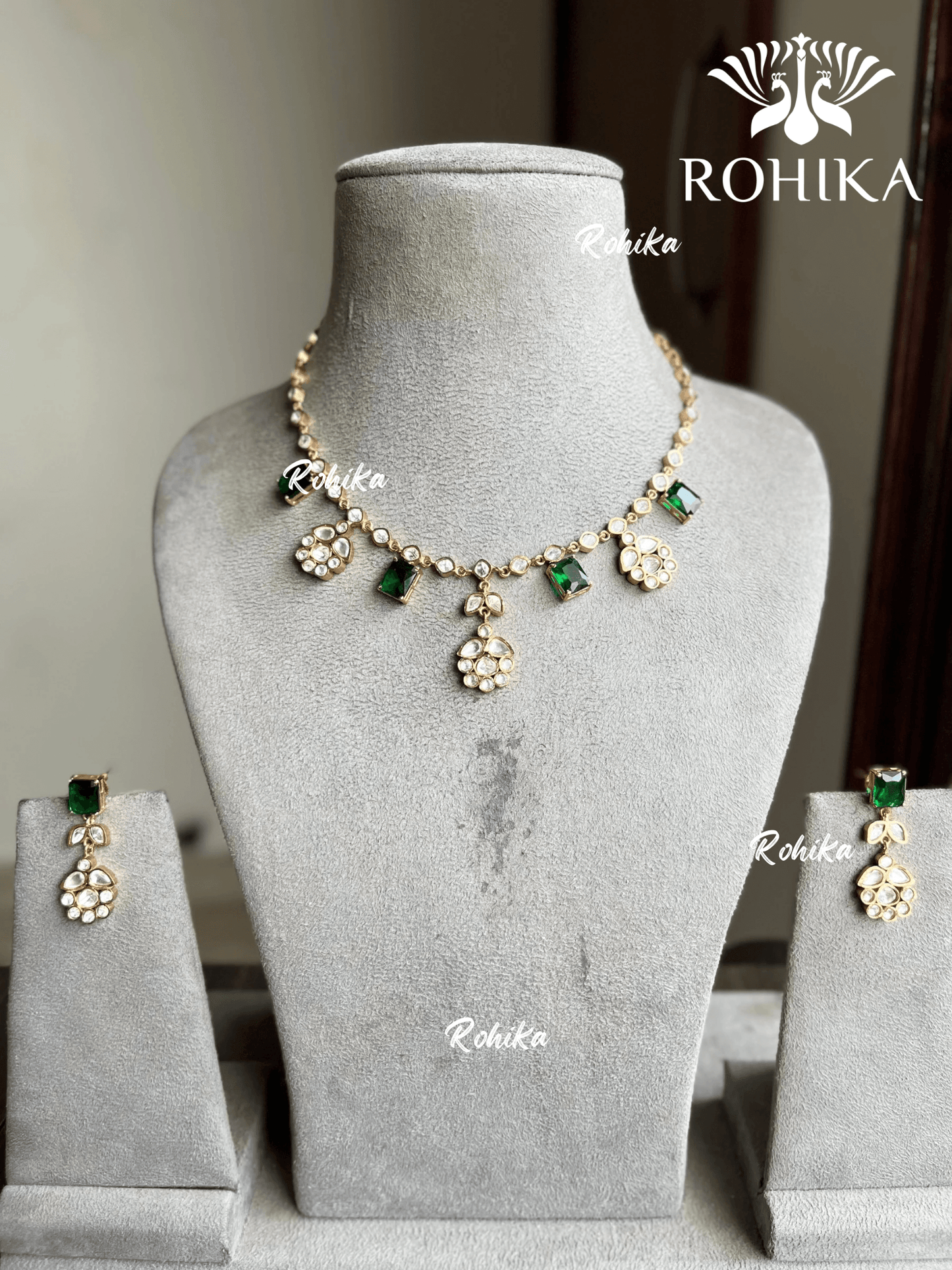 Kiran polki kundan necklace set - Green - Rohika Store