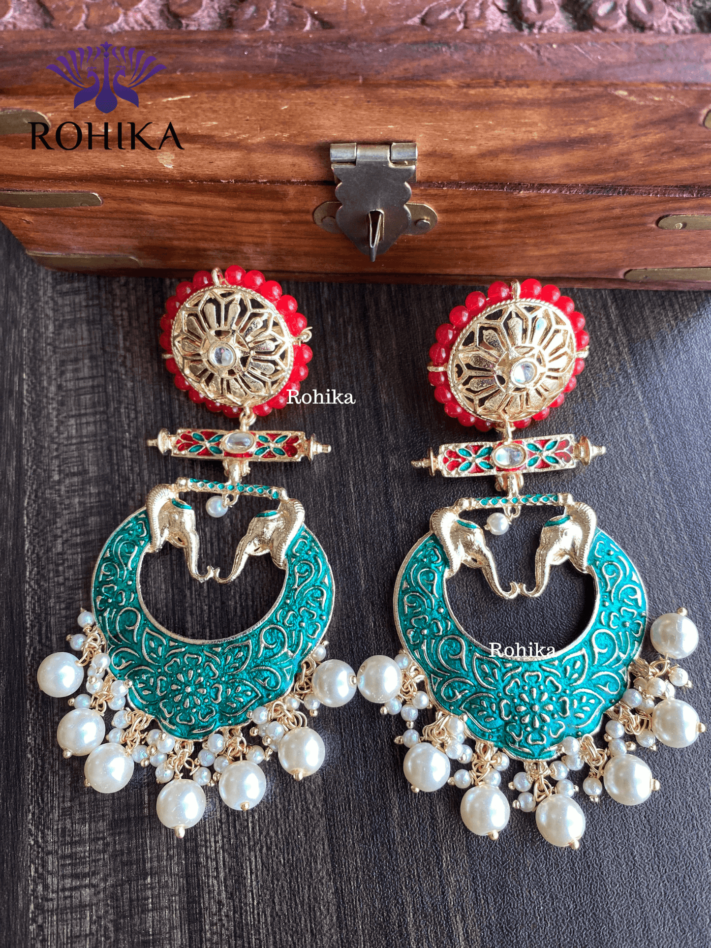 Gaja meenakari earrings - Dark Green - Rohika Store