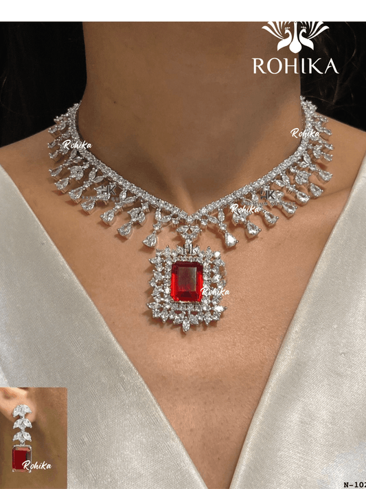 American diamond necklace set (ADN -014) - Red - Rohika Store